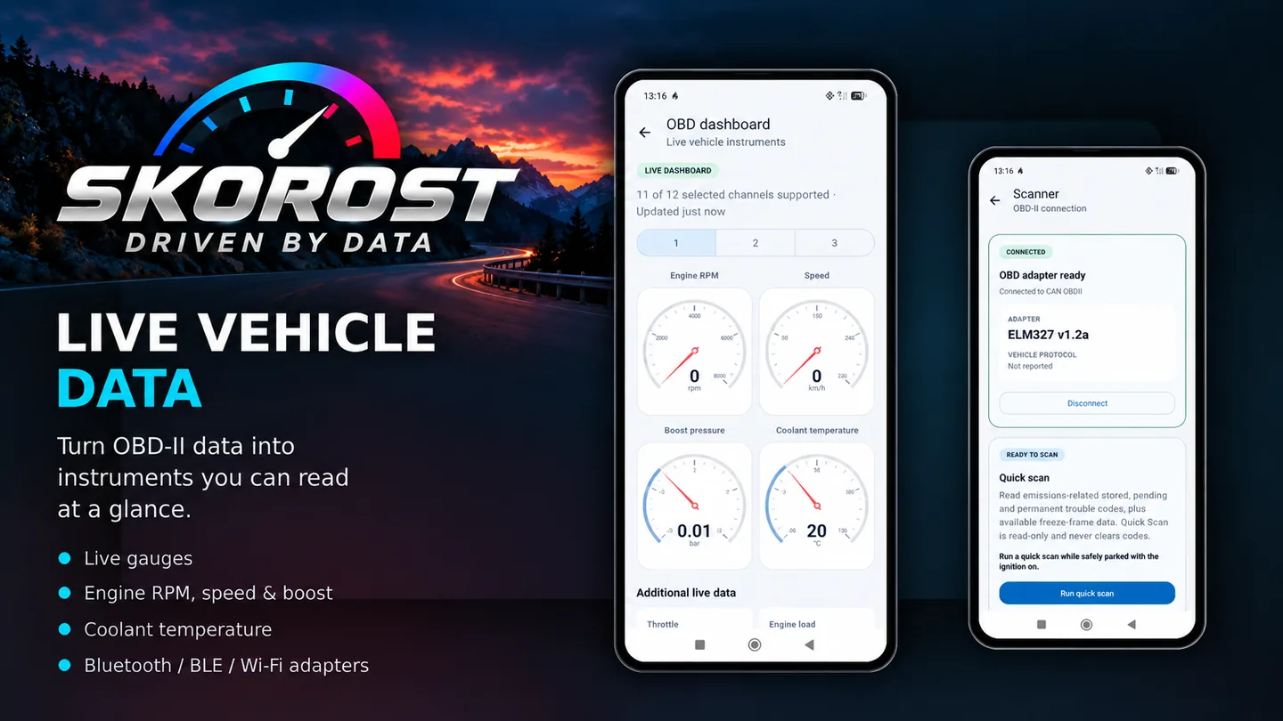 Skorost live OBD dashboard and adapter connection